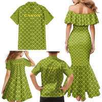 Gabon Tribal Pattern Family Matching Mermaid Dress and Hawaiian Shirt with National Flag Colors and Bold Text Design