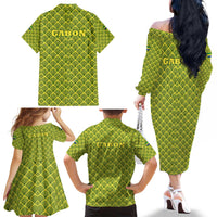 Gabon Tribal Pattern Family Matching Off The Shoulder Long Sleeve Dress and Hawaiian Shirt with National Flag Colors and Bold Text Design