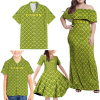 Gabon Tribal Pattern Family Matching Off Shoulder Maxi Dress and Hawaiian Shirt with National Flag Colors and Bold Text Design