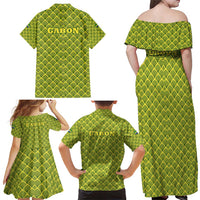 Gabon Tribal Pattern Family Matching Off Shoulder Maxi Dress and Hawaiian Shirt with National Flag Colors and Bold Text Design