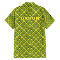 Gabon Tribal Pattern Family Matching Off Shoulder Maxi Dress and Hawaiian Shirt with National Flag Colors and Bold Text Design