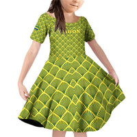 Gabon Tribal Pattern Family Matching Off Shoulder Short Dress and Hawaiian Shirt with National Flag Colors and Bold Text Design