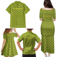 Gabon Tribal Pattern Family Matching Puletasi and Hawaiian Shirt with National Flag Colors and Bold Text Design
