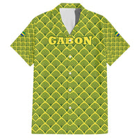 Gabon Tribal Pattern Family Matching Short Sleeve Bodycon Dress and Hawaiian Shirt with National Flag Colors and Bold Text Design