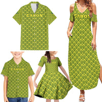 Gabon Tribal Pattern Family Matching Summer Maxi Dress and Hawaiian Shirt with National Flag Colors and Bold Text Design