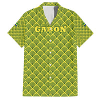 Gabon Tribal Pattern Family Matching Summer Maxi Dress and Hawaiian Shirt with National Flag Colors and Bold Text Design