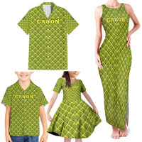 Gabon Tribal Pattern Family Matching Tank Maxi Dress and Hawaiian Shirt with National Flag Colors and Bold Text Design