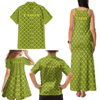 Gabon Tribal Pattern Family Matching Tank Maxi Dress and Hawaiian Shirt with National Flag Colors and Bold Text Design