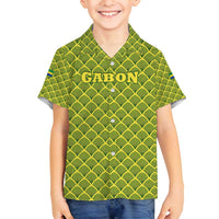 Gabon Tribal Pattern Family Matching Tank Maxi Dress and Hawaiian Shirt with National Flag Colors and Bold Text Design