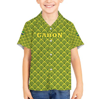 Gabon Tribal Pattern Kid Hawaiian Shirt with National Flag Colors and Bold Text Design