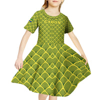 Gabon Tribal Pattern Kid Short Sleeve Dress with National Flag Colors and Bold Text Design
