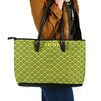 Gabon Tribal Pattern Leather Tote Bag with National Flag Colors and Bold Text Design