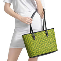 Gabon Tribal Pattern Leather Tote Bag with National Flag Colors and Bold Text Design