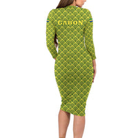 Gabon Tribal Pattern Long Sleeve Bodycon Dress with National Flag Colors and Bold Text Design