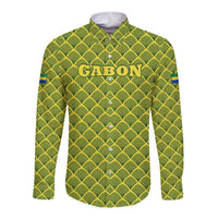 Gabon Tribal Pattern Long Sleeve Button Shirt with National Flag Colors and Bold Text Design
