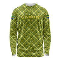 Gabon Tribal Pattern Long Sleeve Shirt with National Flag Colors and Bold Text Design