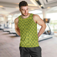 Gabon Tribal Pattern Men Tank Top with National Flag Colors and Bold Text Design