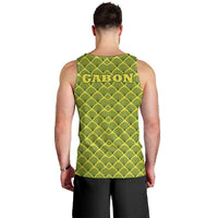 Gabon Tribal Pattern Men Tank Top with National Flag Colors and Bold Text Design