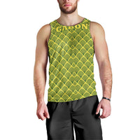 Gabon Tribal Pattern Men Tank Top with National Flag Colors and Bold Text Design