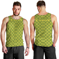 Gabon Tribal Pattern Men Tank Top with National Flag Colors and Bold Text Design
