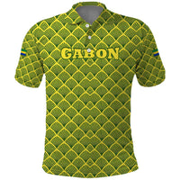 Gabon Tribal Pattern Polo Shirt with National Flag Colors and Bold Text Design