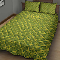 Gabon Tribal Pattern Quilt Bed Set with National Flag Colors and Bold Text Design