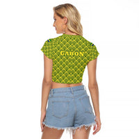 Gabon Tribal Pattern Raglan Cropped T Shirt with National Flag Colors and Bold Text Design