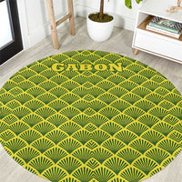 Gabon Tribal Pattern Round Carpet with National Flag Colors and Bold Text Design