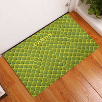 Gabon Tribal Pattern Rubber Doormat with National Flag Colors and Bold Text Design