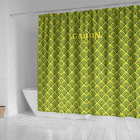 Gabon Tribal Pattern Shower Curtain with National Flag Colors and Bold Text Design