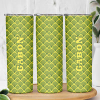 Gabon Tribal Pattern Skinny Tumbler with National Flag Colors and Bold Text Design