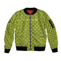 Gabon Tribal Pattern Sleeve Zip Bomber Jacket with National Flag Colors and Bold Text Design