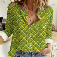 Gabon Tribal Pattern Women Casual Shirt with National Flag Colors and Bold Text Design