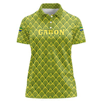 Gabon Tribal Pattern Women Polo Shirt with National Flag Colors and Bold Text Design