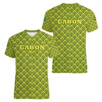 Gabon Tribal Pattern Women V-Neck T-Shirt with National Flag Colors and Bold Text Design
