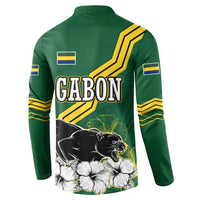 Gabon Button Sweatshirt with Black Panther Graphic and Hibiscus Flower Design in National Colors