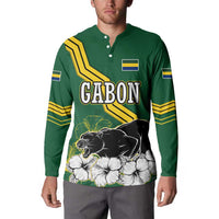 Gabon Button Sweatshirt with Black Panther Graphic and Hibiscus Flower Design in National Colors