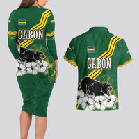 Gabon Couples Matching Long Sleeve Bodycon Dress and Hawaiian Shirt with Black Panther Graphic and Hibiscus Flower Design in National Colors