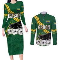 Gabon Couples Matching Long Sleeve Bodycon Dress and Long Sleeve Button Shirt with Black Panther Graphic and Hibiscus Flower Design in National Colors