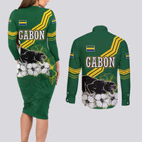 Gabon Couples Matching Long Sleeve Bodycon Dress and Long Sleeve Button Shirt with Black Panther Graphic and Hibiscus Flower Design in National Colors