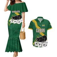 Gabon Couples Matching Mermaid Dress and Hawaiian Shirt with Black Panther Graphic and Hibiscus Flower Design in National Colors