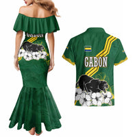 Gabon Couples Matching Mermaid Dress and Hawaiian Shirt with Black Panther Graphic and Hibiscus Flower Design in National Colors