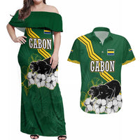 Gabon Couples Matching Off Shoulder Maxi Dress and Hawaiian Shirt with Black Panther Graphic and Hibiscus Flower Design in National Colors