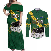 Gabon Couples Matching Off Shoulder Maxi Dress and Long Sleeve Button Shirt with Black Panther Graphic and Hibiscus Flower Design in National Colors