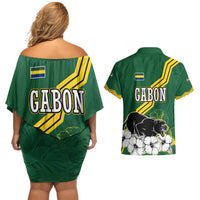 Gabon Couples Matching Off Shoulder Short Dress and Hawaiian Shirt with Black Panther Graphic and Hibiscus Flower Design in National Colors