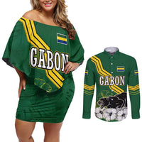 Gabon Couples Matching Off Shoulder Short Dress and Long Sleeve Button Shirt with Black Panther Graphic and Hibiscus Flower Design in National Colors
