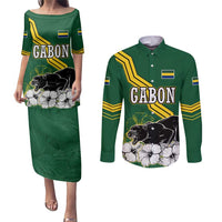 Gabon Couples Matching Puletasi and Long Sleeve Button Shirt with Black Panther Graphic and Hibiscus Flower Design in National Colors