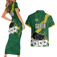 Gabon Couples Matching Short Sleeve Bodycon Dress and Hawaiian Shirt with Black Panther Graphic and Hibiscus Flower Design in National Colors