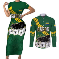Gabon Couples Matching Short Sleeve Bodycon Dress and Long Sleeve Button Shirt with Black Panther Graphic and Hibiscus Flower Design in National Colors