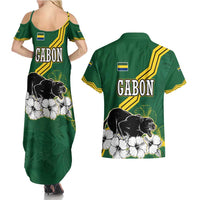 Gabon Couples Matching Summer Maxi Dress and Hawaiian Shirt with Black Panther Graphic and Hibiscus Flower Design in National Colors